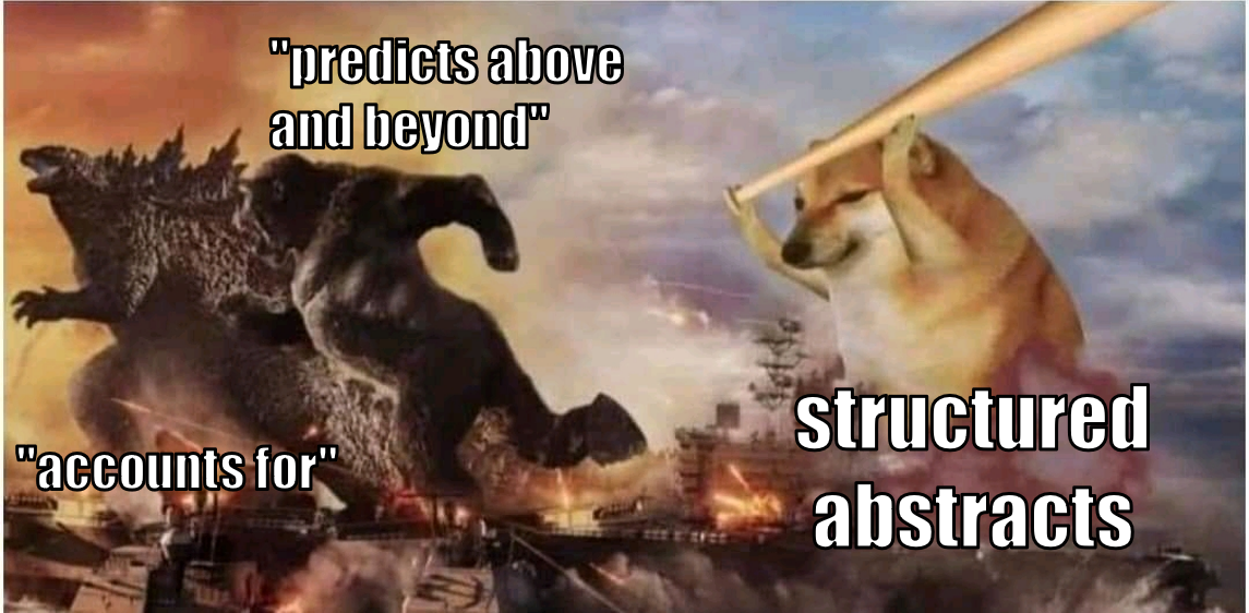 Doge ("structured abstracts") chasing away Godzilla ("accoutns for") and Kong ("predicts above and beyond") meme
