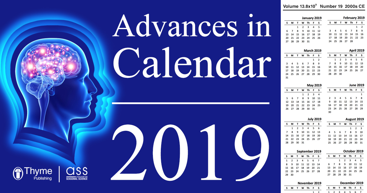 Header saying "Advances in Calendar 2019" with a calendar for 2019 and galaxy brain