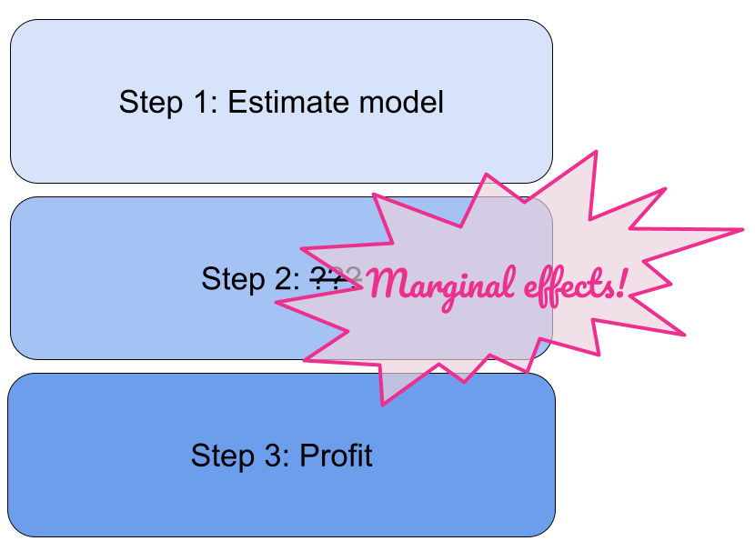 Figure with text in boxes, Step 1: Estimate Model, Step 2: Marginal Effects!, Step 3: Profit