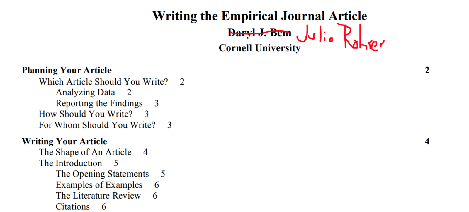 A screenshot of the first page of "Writing the Empirical Journal Article" by Daryl J. Bem, whose name has been crossed out and cruedly replaced by "Julia Rohrer"